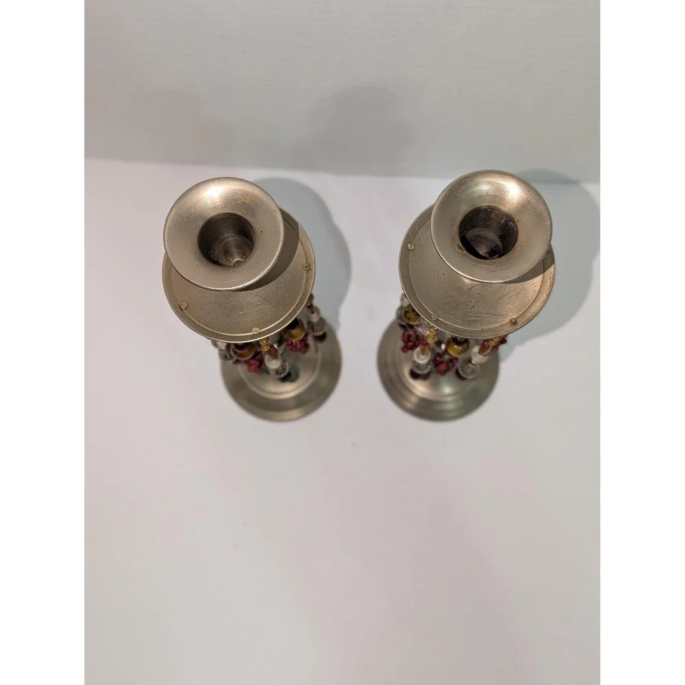 Vintage pair silver toned beaded dangles candle stick holders